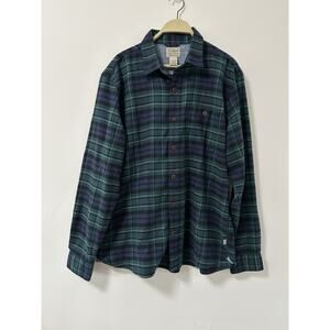 LL Bean BeanFlex All Season Flannel Shirt Mens Med Blue Green Elbow Patch Hiking
